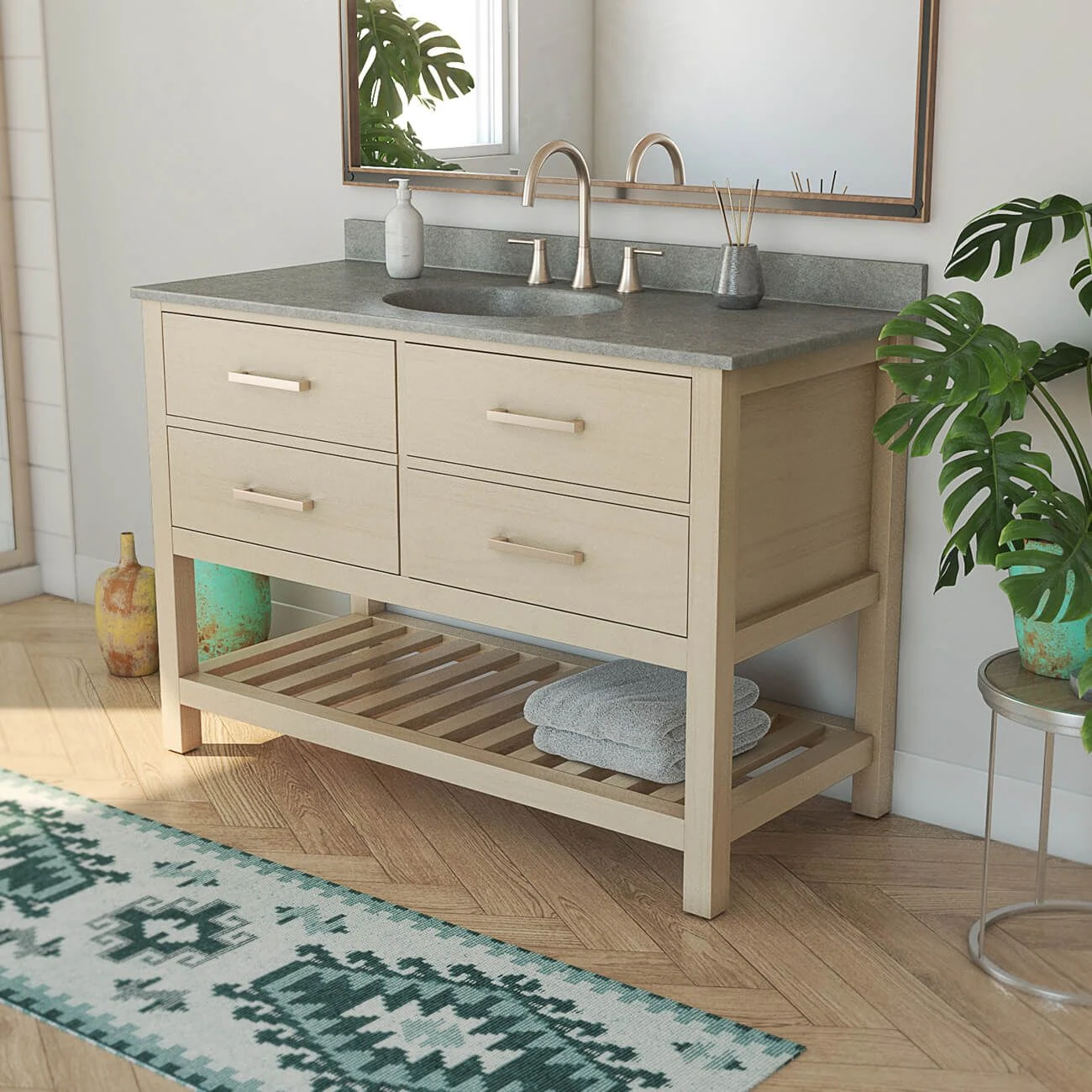 Everett 48 Inch Oak Console Vanity With Oval Integral Sink - Light Oak - Image 3