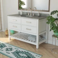 Everett 48 Inch Oak Console Vanity With Oval Integral Sink - White