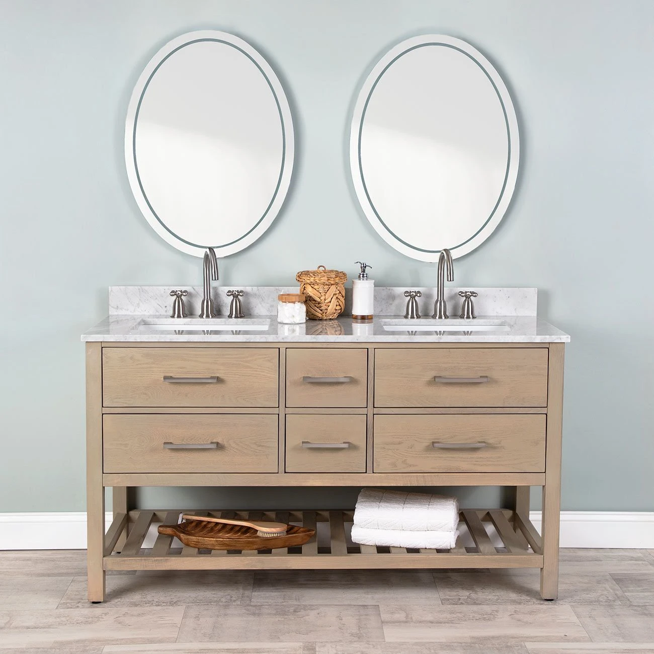 Everett 60 Inch Birch & Oak Console Vanity With Rectangular Undermount Sinks - Light Oak - Image 7