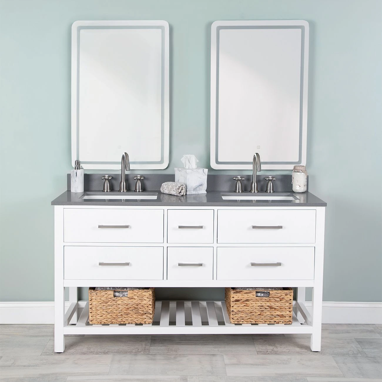 Everett 60 Inch Birch & Oak Console Vanity With Rectangular Undermount Sinks - White - Image 6