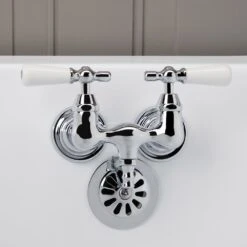 Clawfoot Tub Wall Mount Faucet - Porcelain Lever Handles