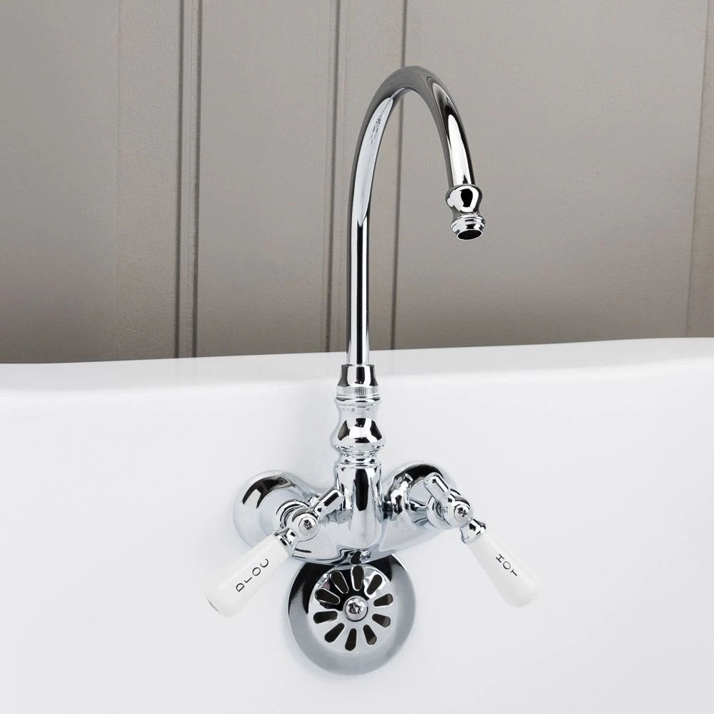 Gooseneck Clawfoot Tub Faucet With Porcelain Lever Handles - Chrome