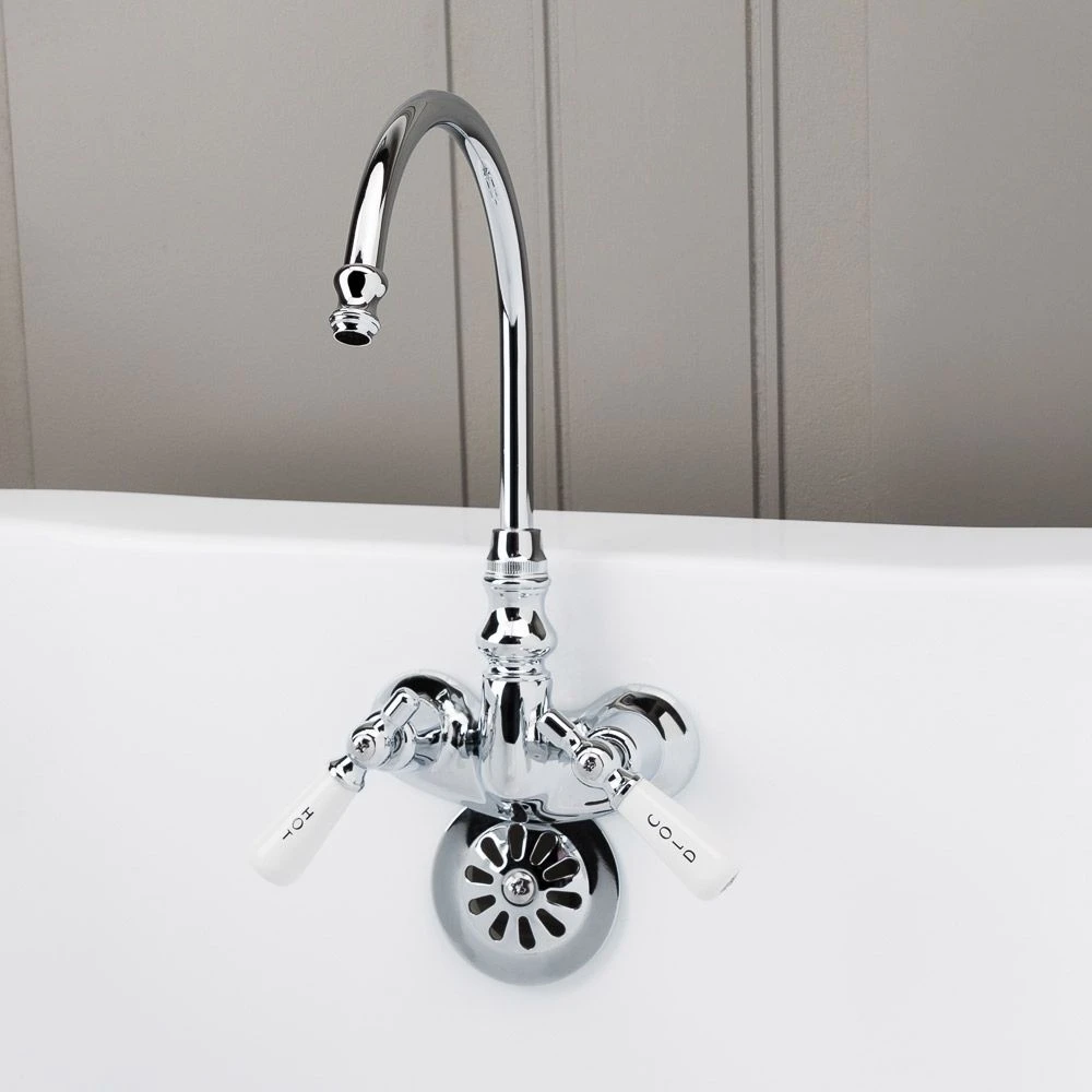 Gooseneck Clawfoot Tub Faucet With Porcelain Lever Handles - Chrome - Image 2
