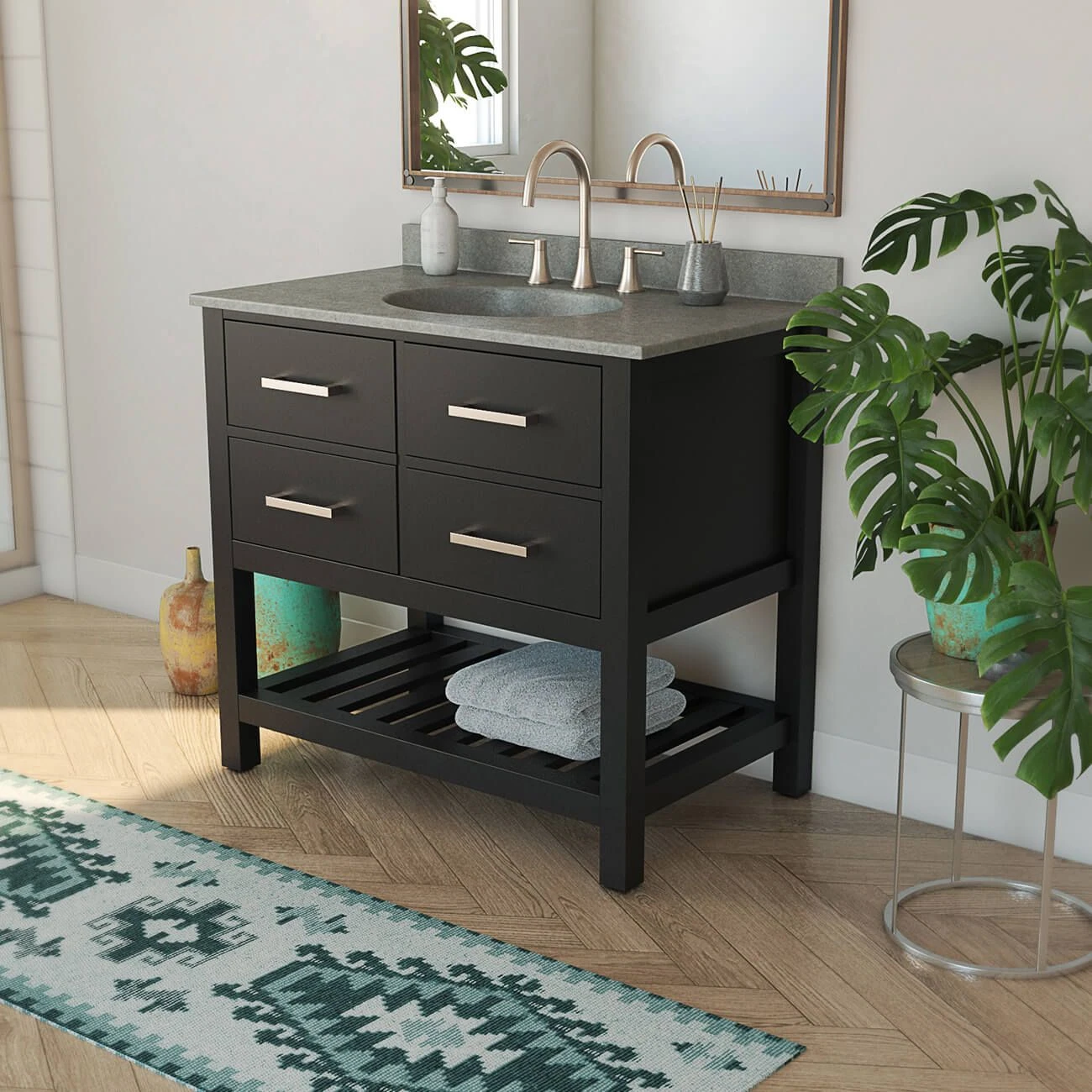 Everett 36 Inch Birch And Oak Console Vanity With Oval Integral Sink - Black - Image 3
