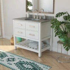 Everett 36 Inch Birch And Oak Console Vanity With Oval Integral Sink - White