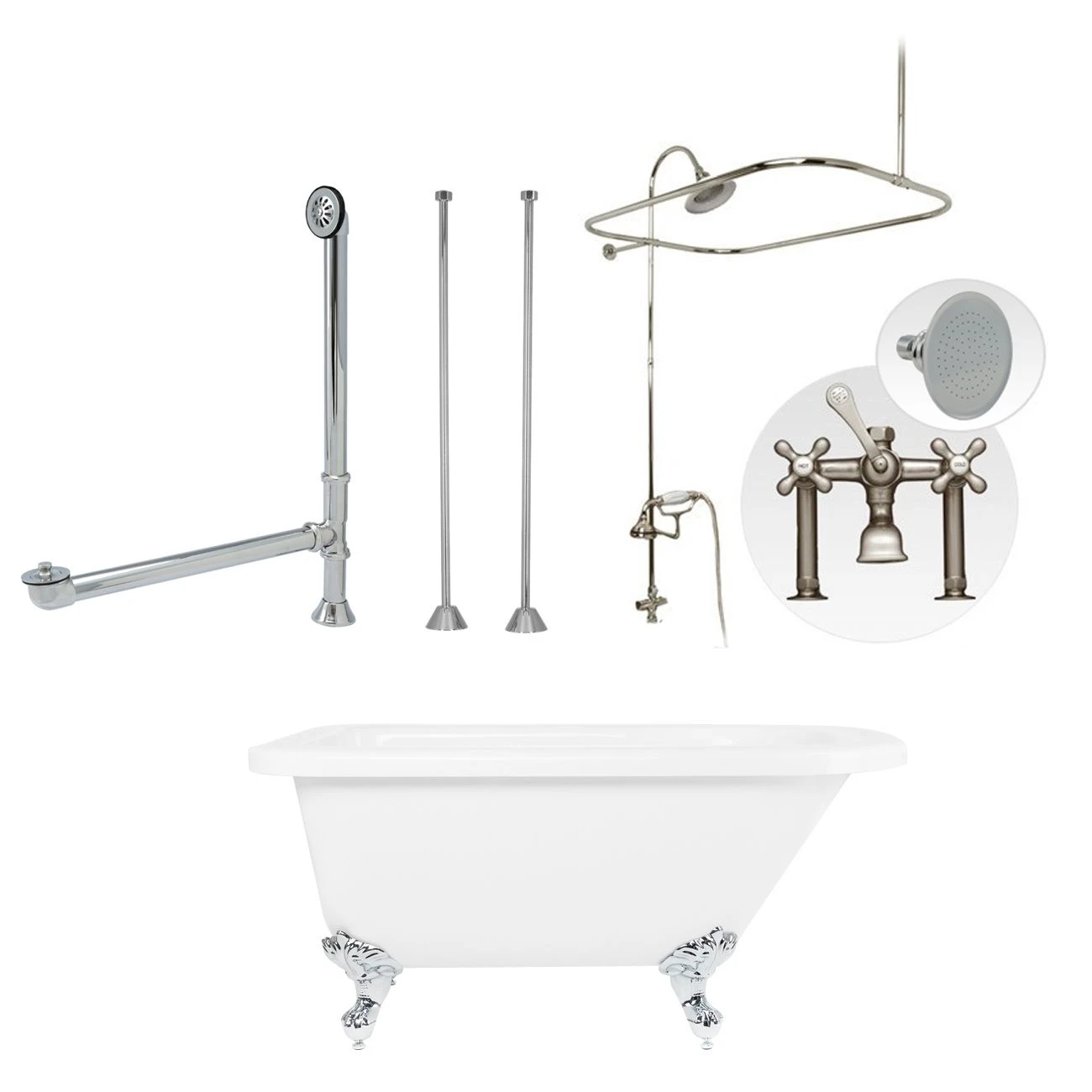 Savanna 60 Inch Acrylic Clawfoot Tub & Shower Package - White / Chrome Feet & Fixtures