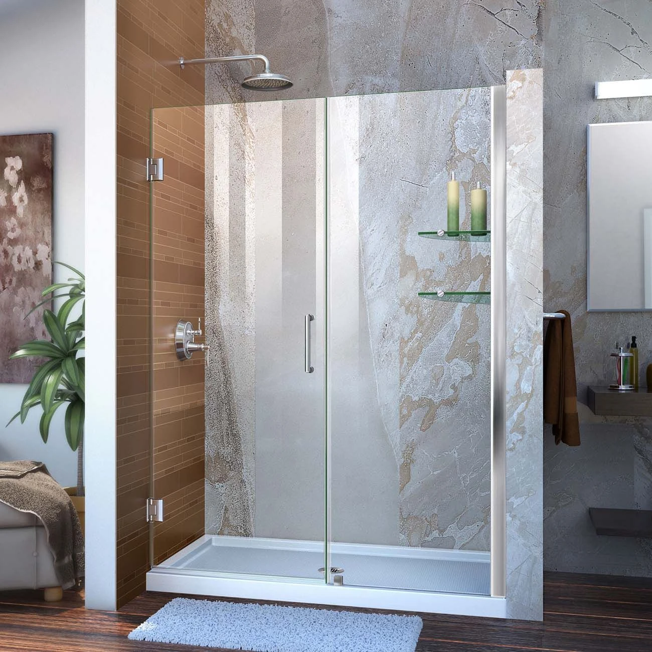 DreamLine Unidoor 51-52 Inch W X 72 Inch H Frameless Hinged Shower Door With Shelves - Image 2