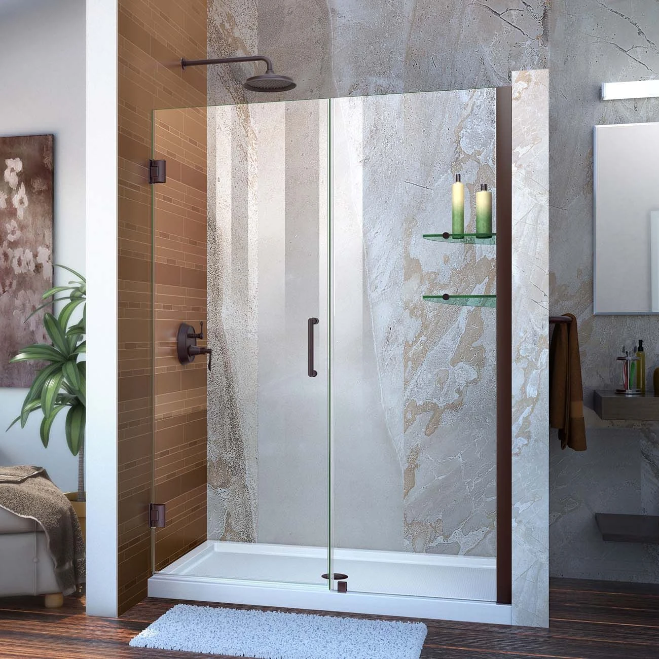 DreamLine Unidoor 51-52 Inch W X 72 Inch H Frameless Hinged Shower Door With Shelves - Image 3