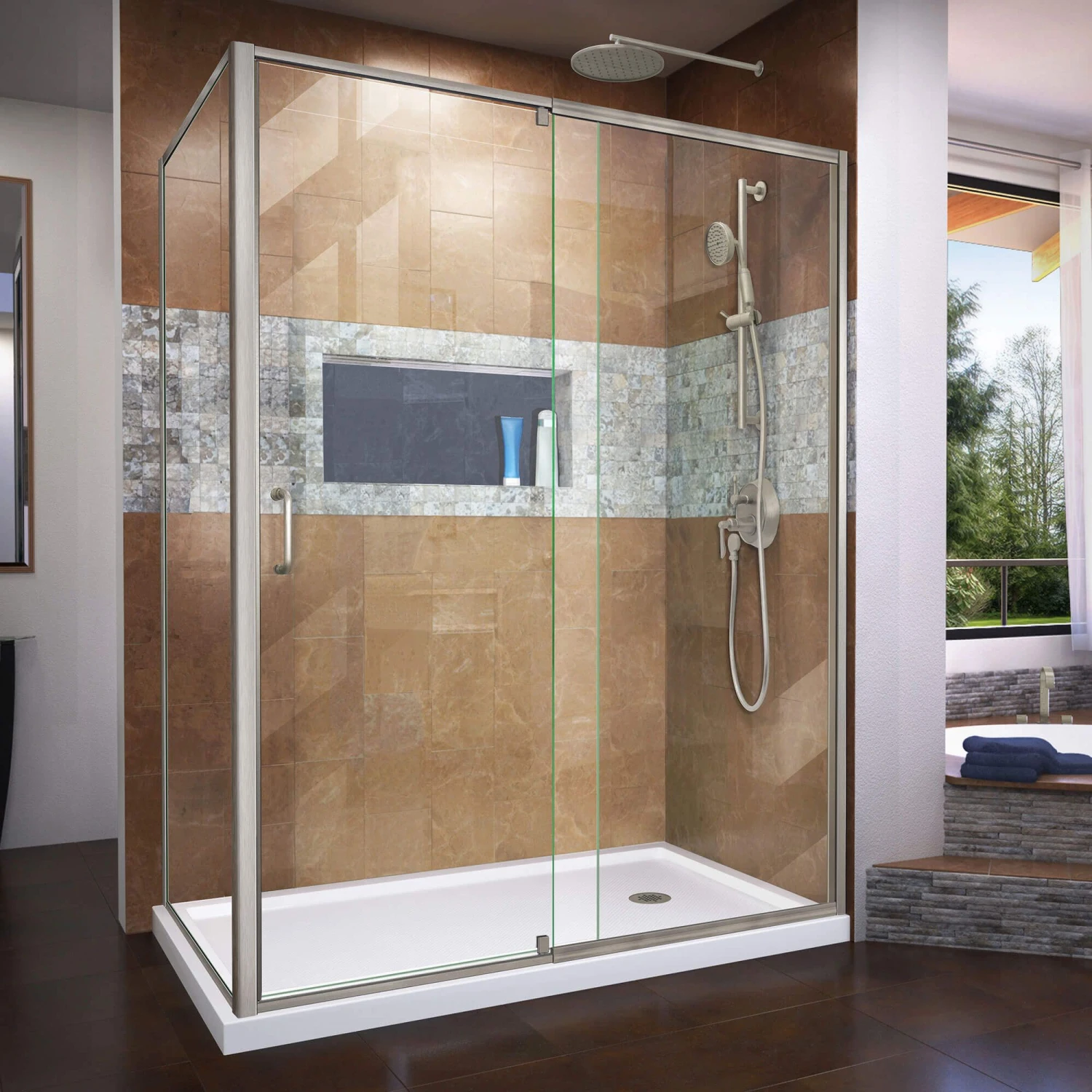 DreamLine Flex 34-1/2 Inch D X 56-60 Inch W X 72 Inch H Semi-Frameless Pivot Shower Enclosure
