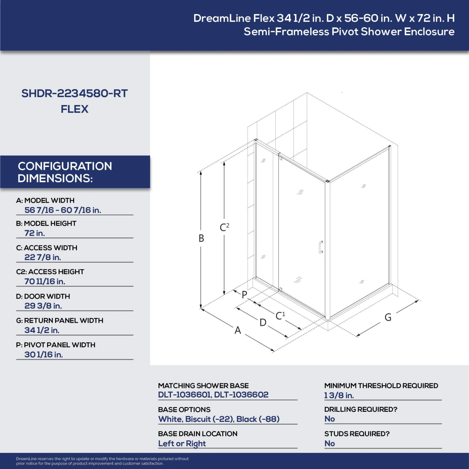 DreamLine Flex 34-1/2 Inch D X 56-60 Inch W X 72 Inch H Semi-Frameless Pivot Shower Enclosure - Image 7
