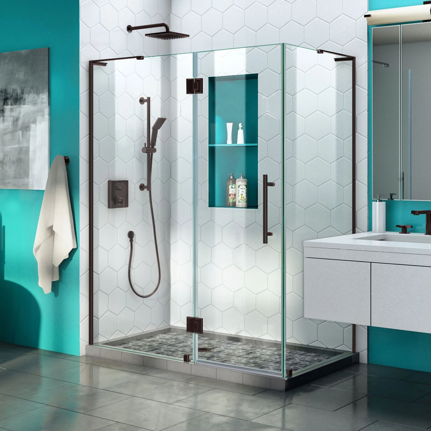 DreamLine Quatra Lux 34-1/4 Inch D X 46 3/8 Inch W X 72 Inch H Frameless Hinged Shower Enclosure