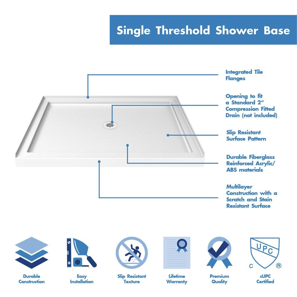 DreamLine Flex 36 Inch D X 48 Inch W X 76-3/4 Inch H Semi-Frameless Shower Door With Center Drain Shower Base And Back Wall - Image 14